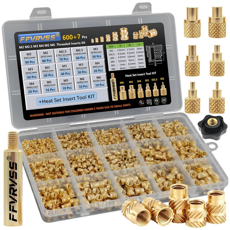 FFVRVSS 600+7Pcs M2 M2.5 M3 M4 M5 M6 Premium Brass Threaded Inserts, Metric Brass Knurled Nuts Assortment Kit, with Heat Set Insert Tool, for Plastic and 3D Printing Components, All-in-one Solutions - Image 1